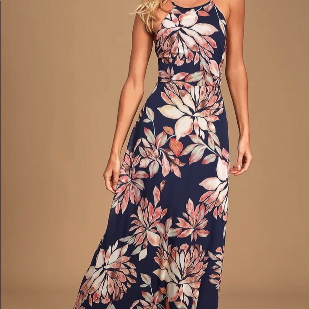 Navy Blue Floral Print Maxi Dress